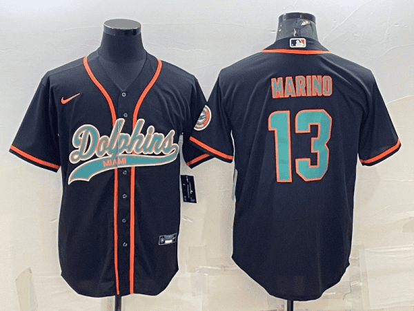 Miami Dolphins #13 Dan Marino Black With Patch Cool Base Stitched Baseball Jersey