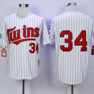 Mitchell And Ness Twins #34 Kirby Puckett White(Blue Strip) Throwback Stitched Jersey