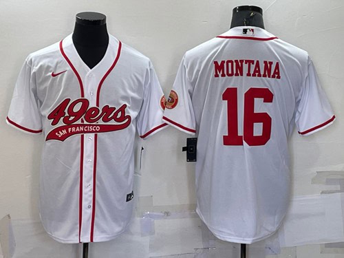 San Francisco 49ers #16 Joe Montana White With Patch Cool Base Stitched Baseball Jersey