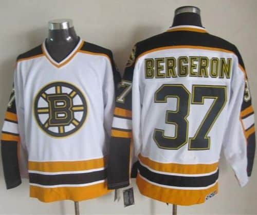 Bruins #37 Patrice Bergeron White Black CCM Throwback Stitched Jersey