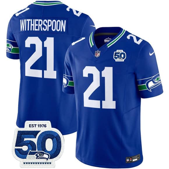Seattle Seahawks #21 Devon Witherspoon Royal 2025 F.U.S.E 50th Anniversary Patch Throwback Vapor Limited Football Stitched Jersey