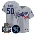 Los Angeles Dodgers #50 Mookie Betts Gray 2024 World Series With Fernando Memorial Patch Limited Stitched Jersey