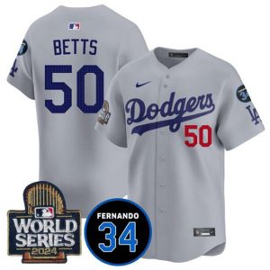 Los Angeles Dodgers #50 Mookie Betts Gray 2024 World Series With Fernando Memorial Patch Limited Stitched Jersey