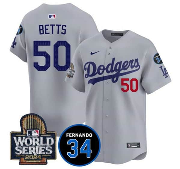 Los Angeles Dodgers #50 Mookie Betts Gray 2024 World Series With Fernando Memorial Patch Limited Stitched Jersey