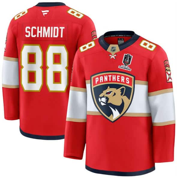Florida Panthers #88 Nate Schmidt Red Home 2025 Stanley Cup Champions Patch Stitched Jersey