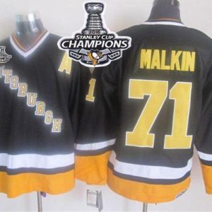 Penguins #71 Evgeni Malkin Black Yellow CCM Throwback 2016 Stanley Cup Champions Stitched Jersey