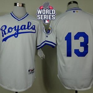 Royals #13 Salvador Perez White 1974 Turn Back The Clock W 2015 World Series Patch Stitched Jersey