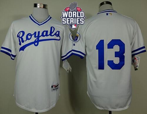 Royals #13 Salvador Perez White 1974 Turn Back The Clock W 2015 World Series Patch Stitched Jersey
