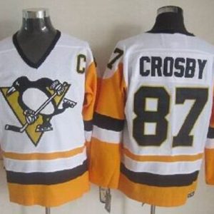 Penguins #87 Sidney Crosby White Black CCM Throwback Stitched Jersey