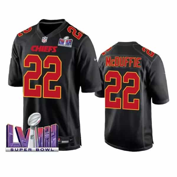 Kansas City Chiefs #22 Trent McDuffie Black 2024 Super Bowl LVIII Patch Limited Stitched Game Jersey