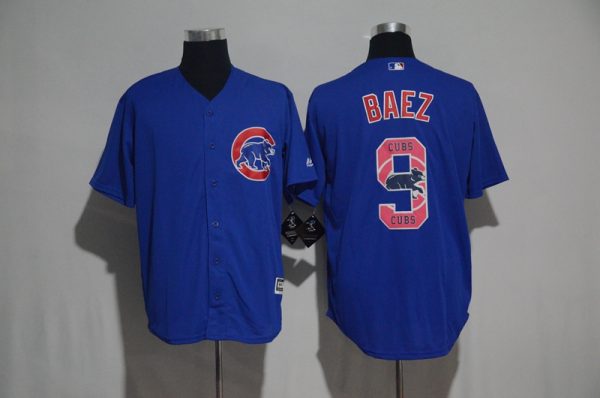 Chicago Cubs #9 Javier Baez Blue Team Logo Print Cool Base Stitched Jersey