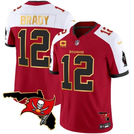 Tampa Bay Buccaneers #12 Tom Brady Red White With Florida Patch Gold Trim Vapor Stitched Jersey