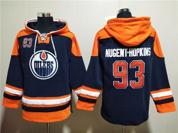 Edmonton Oilers #93 Ryan Nugent-Hopkins Navy Lace-Up Pullover Hoodie