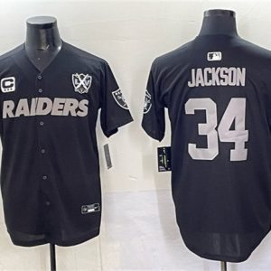 Las Vegas Raiders #34 Bo Jackson Black With Nevada Silver Stat Patch And 65th Anniversary Patch 3-Star C Patch Stitched Jersey