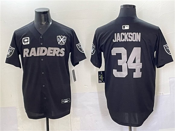 Las Vegas Raiders #34 Bo Jackson Black With Nevada Silver Stat Patch And 65th Anniversary Patch 3-Star C Patch Stitched Jersey