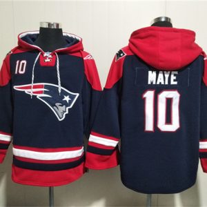 New England Patriots #10 Drake Maye Navy Ageless Must-Have Lace-Up Pullover Hoodie