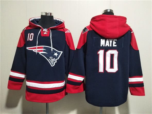 New England Patriots #10 Drake Maye Navy Ageless Must-Have Lace-Up Pullover Hoodie