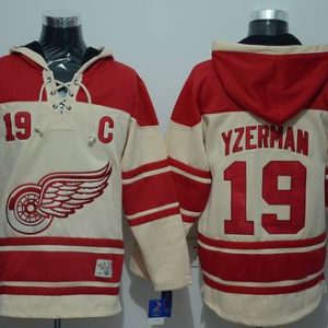 Red Wings #19 Steve Yzerman Cream Sawyer Hooded Sweatshirt Stitched Jersey
