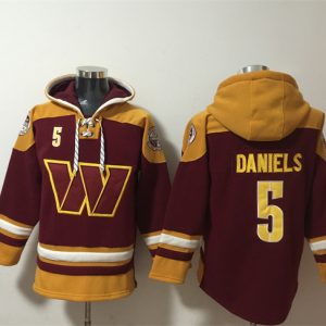 Washington Commanders #5 Jayden Daniels Burgundy Ageless Must-Have Lace-Up Pullover Hoodie