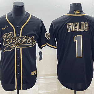Chicago Bears #1 Justin Fields Black Gold With Patch Cool Base Stitched Baseball Jersey