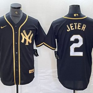 New York Yankees #2 Derek Jeter Black Gold Cool Base Stitched Jersey