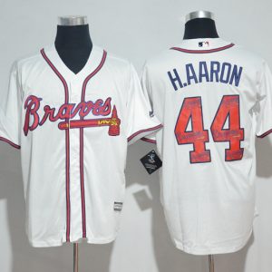 Atlanta Braves #44 Hank Aaron White Team Logo Print Cool Base Stitched Jersey