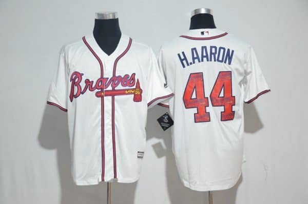 Atlanta Braves #44 Hank Aaron White Team Logo Print Cool Base Stitched Jersey