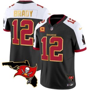 Tampa Bay Buccaneers #12 Tom Brady Black White With Florida Patch Gold Trim Vapor Stitched Jersey