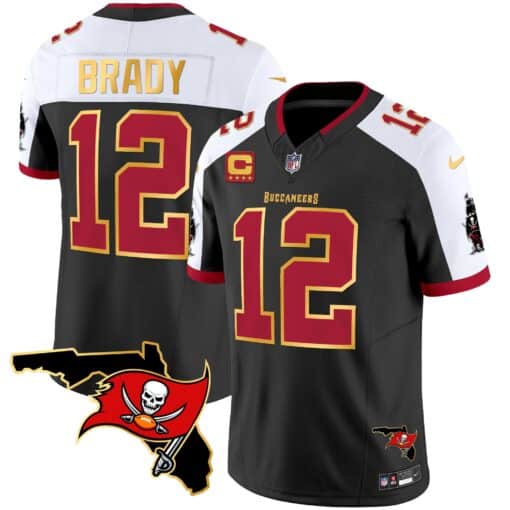 Tampa Bay Buccaneers #12 Tom Brady Black White With Florida Patch Gold Trim Vapor Stitched Jersey