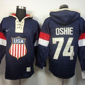 Team USA Olympics #74 T. J. Oshie Navy Blue Sawyer Hooded Sweatshirt Stitched Jersey