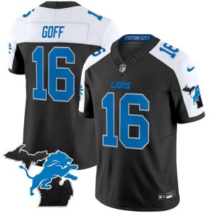 Detroit Lions #16 Jared Goff Black White F.U.S.E. 2024 Michigan Patch Vapor Limited Stitched Jersey