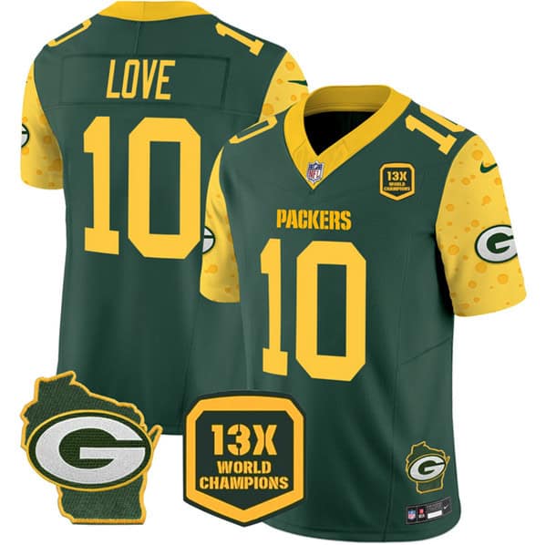 Green Bay Packers #10 Jordan Love Green 2024 F.U.S.E. 13 Time World Champions And Home Patch Vapor Untouchable Limited Stitched Jersey