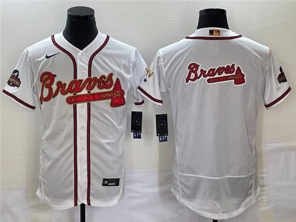 Atlanta Braves 2022 White Gold World Series Champions Program Team Big Logo Flex Base Stitched Jersey