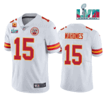 Kansas City Chiefs #15 Patrick Mahomes White Super Bowl LVII Patch And 4-Star C Patch Vapor Untouchable Limited Stitched Jersey