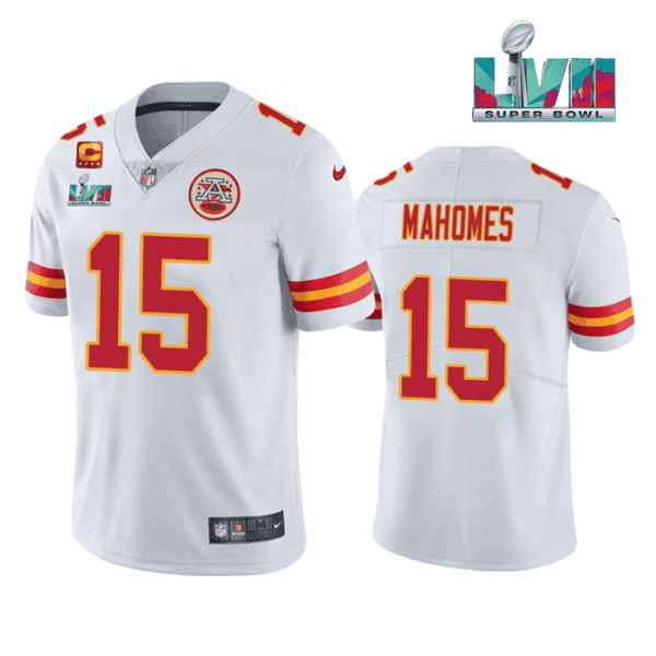 Kansas City Chiefs #15 Patrick Mahomes White Super Bowl LVII Patch And 4-Star C Patch Vapor Untouchable Limited Stitched Jersey