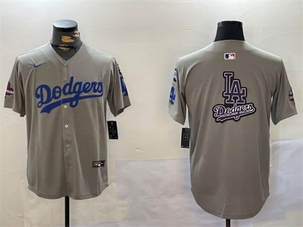 Los Angeles Dodgers Team Big Logo Gray 2024 World Series Champions With Fernando Memorial Patch Limited Stitched Jersey