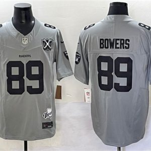 Las Vegas Raiders #89 Brock Bowers Gray 2024 F.U.S.E With Nevada Silver Stat Patch And 65th Anniversary Patch Stitched Football Jersey