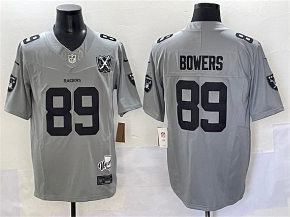 Las Vegas Raiders #89 Brock Bowers Gray 2024 F.U.S.E With Nevada Silver Stat Patch And 65th Anniversary Patch Stitched Football Jersey