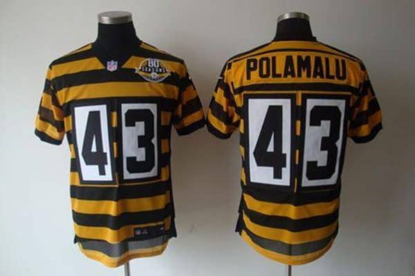 Pittsburgh Steelers #43 Troy Polamalu Yellow Black 80TH Anniversary Throwback Stitched Jersey