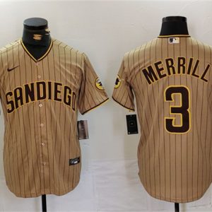 San Diego Padres #3 Jackson Merrill Tan Cool Base Stitched Jersey