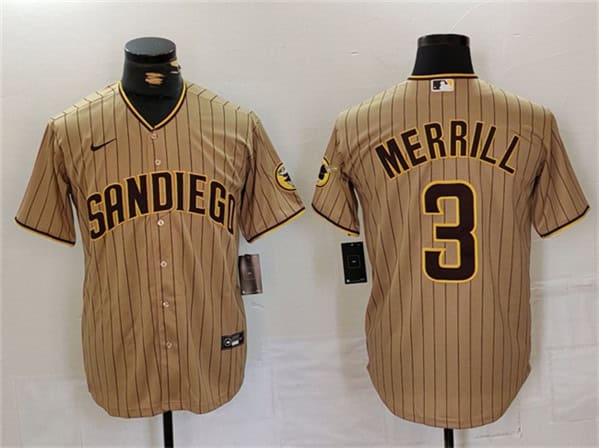 San Diego Padres #3 Jackson Merrill Tan Cool Base Stitched Jersey