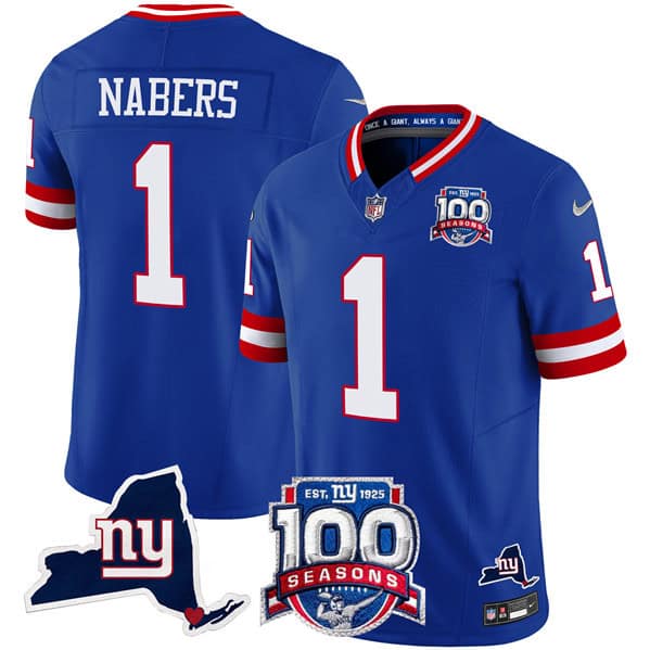 New York Giants #1 Malik Nabers Royal 2024 F.U.S.E. 100th Season And State Patch Vapor Limited Stitched Jersey