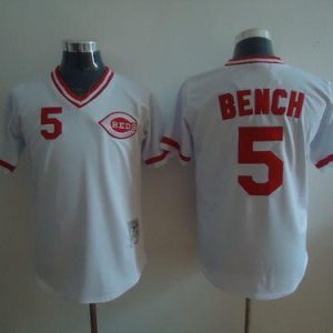 Mitchell And Ness Reds #5 Johnny Bench Stitched White Throwback Jersey