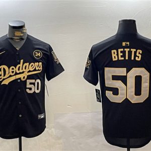 Los Angeles Dodgers #50 Mookie Betts Black Gold 2024 World Series With No. 34 Patch Limited Stitched Jersey