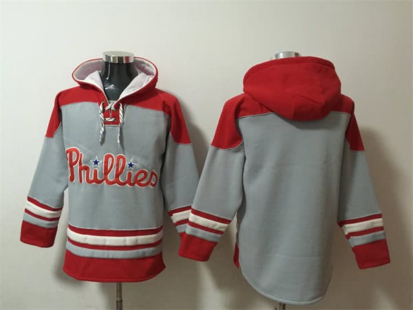 Philadelphia Phillies Blank Grey Red Ageless Must-Have Lace-Up Pullover Hoodie