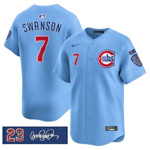 Chicago Cubs #7 Dansby Swanson Blue 'Ryne Sandberg Tribute' Vapor Limited V3 Stitched Jersey