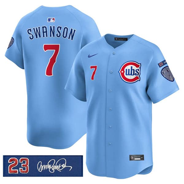 Chicago Cubs #7 Dansby Swanson Blue 'Ryne Sandberg Tribute' Vapor Limited V3 Stitched Jersey