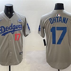 Los Angeles Dodgers #17 Shohei Ohtani Gray 2024 World Series With No. 34 Patch Limited Stitched Jersey