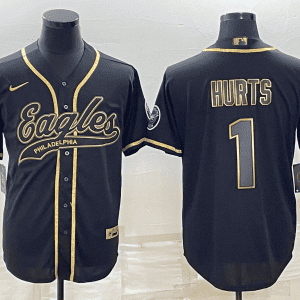 Philadelphia Eagles #1 Jalen Hurts Black Gold With Patch Cool Base Stitched Baseball Jersey