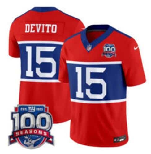New York Giants #15 Tommy DeVito Century Red F.U.S.E. 100TH Season Commemorative Patch Limited Stitched Jersey